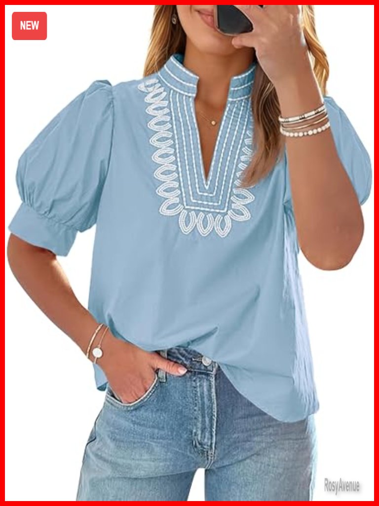 Puff Short Sleeve Blouse With Embroidery V Neck Loose Fit Summer Top